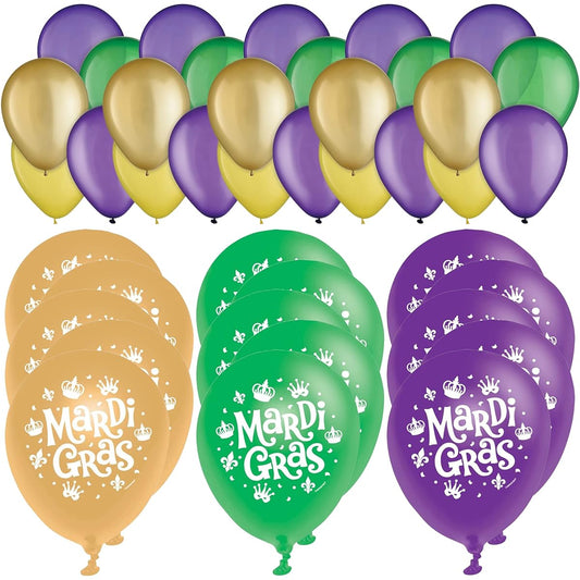 Amscan Mardi Gras Balloons - 25 Balloons 5" and 15 Balloons 12" Gold Purple Green Yellow - New Orleans Arch Party Supplies Disposable Decorations Set