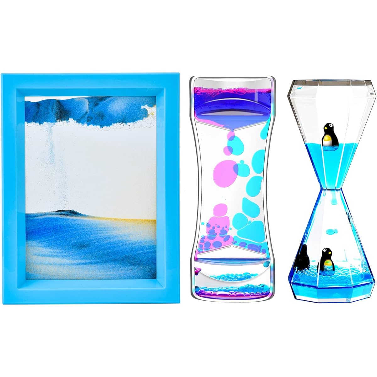 FKYTION Liquid Motion Bubbler & Diamond Shape Penguin Liquid Timer Moving Sand Art Photography 3 Pack Activity Calming and Relaxing Desk Toys, Voted Best Gift