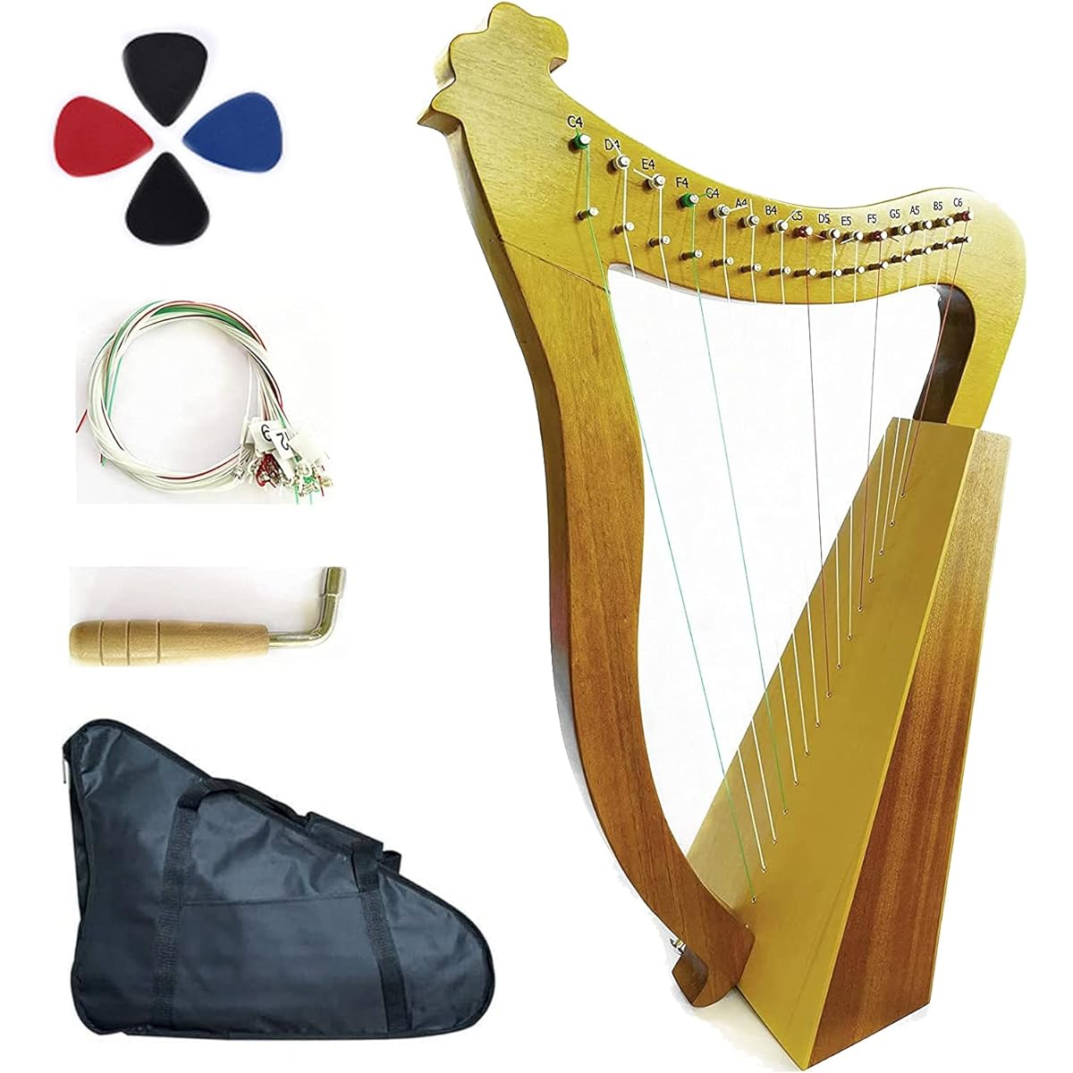WowZza Lyra Harp Strings, Nylon Strings, Mahogany Body Lyra Harp, Maple Saddle, Beginner Instrument for Kids and Adults, Includes Engraved Notes, Tuning Wrench, Pickups/15 Tone Wood Colors