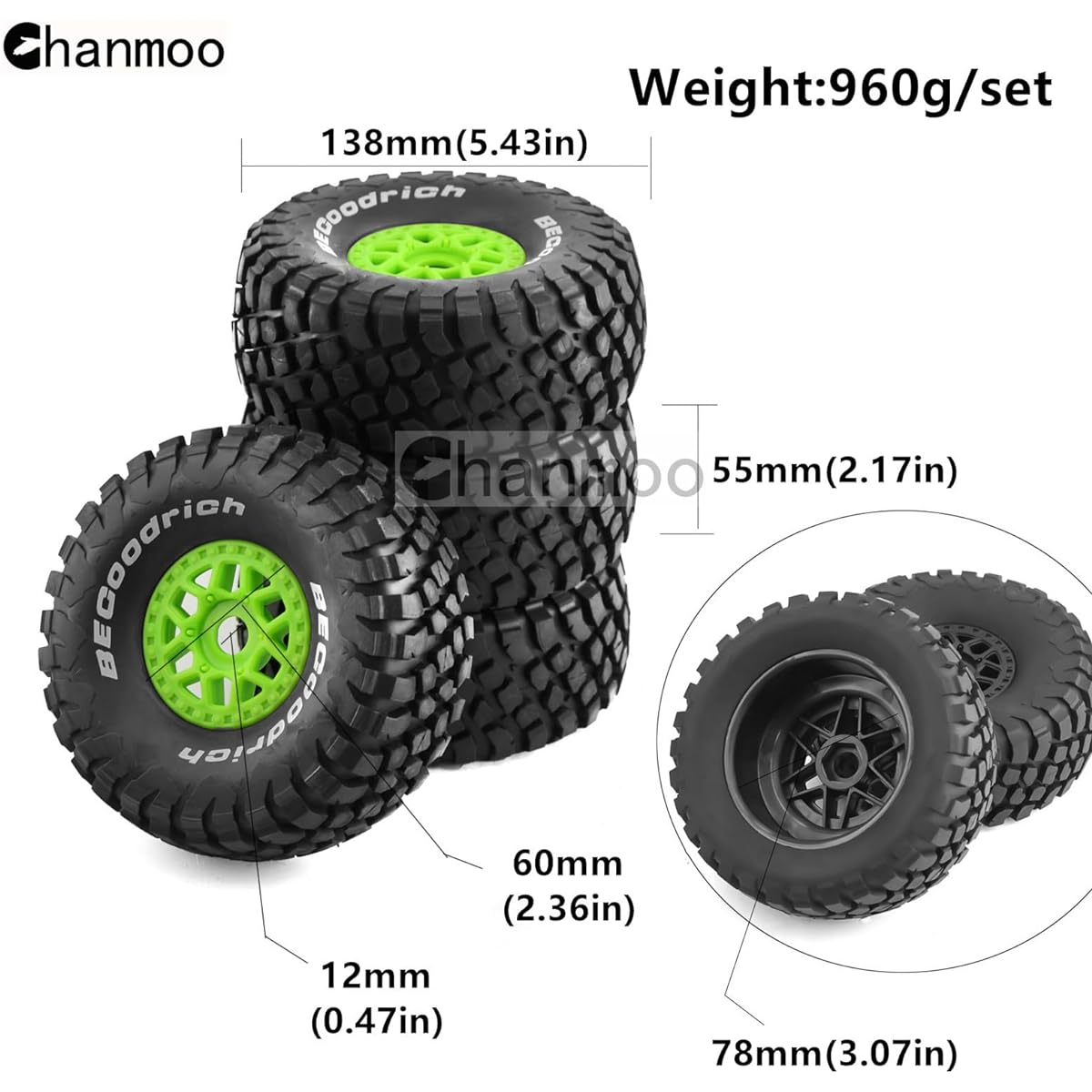 Chanmoo 1/8 RC Short Course Truck Tires and Wheels 17mm Hex Outer Diameter 135mm 1/7 All Terrain Off-Road Tires for 1:7 1:8 RC Buggy Truck Car HSP TRAXXAS UDR DF7 FS Atom ARRMA Mojave YK4072 DF7 4pcs (Black)