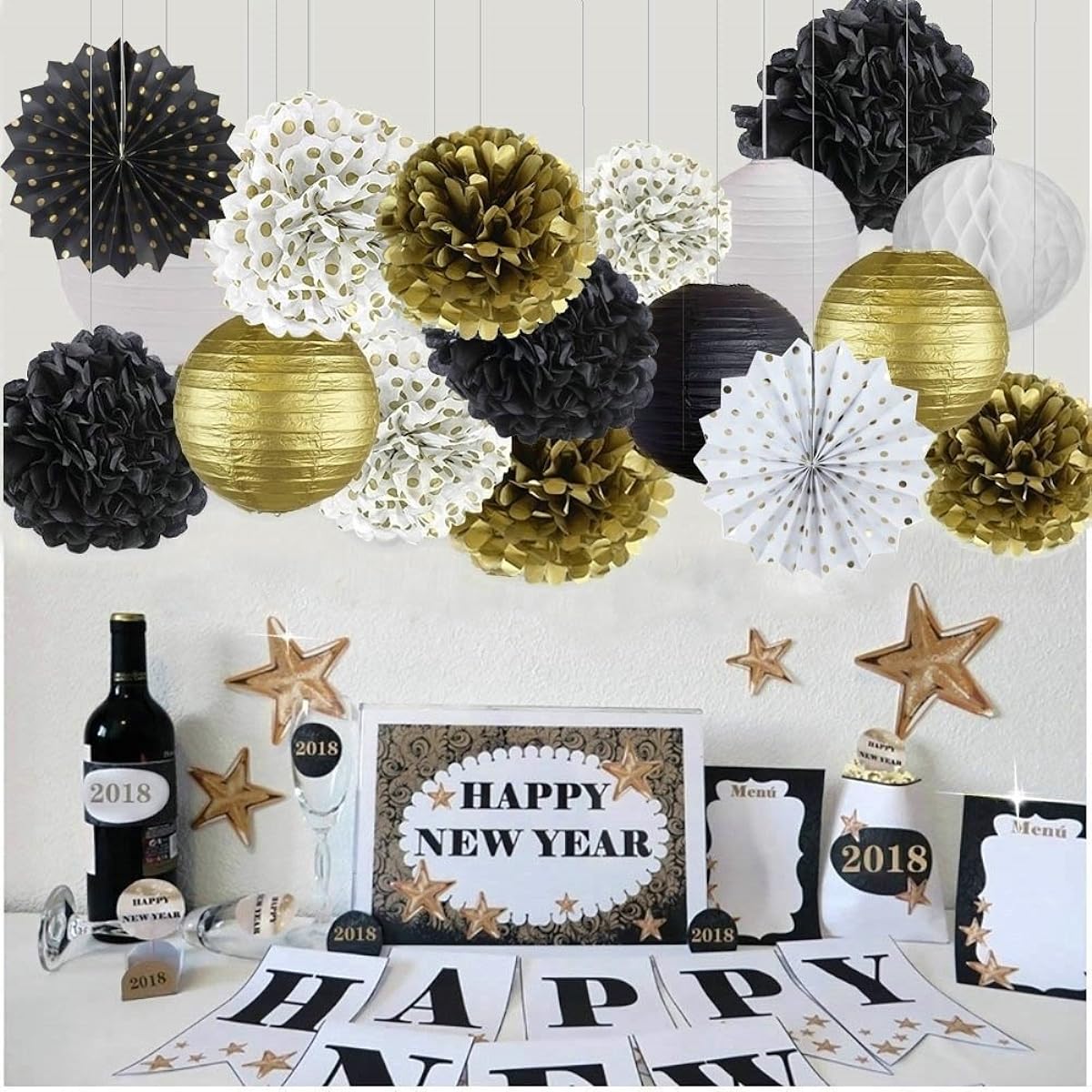 Happy New Year Party Decorations Black White Gold Paper Lanterns Tissue Paper Flower Pom Poms Hanging Paper Fans Perfect for New Years Eve Party/Birthday Decorations/Bridal Shower Decorations