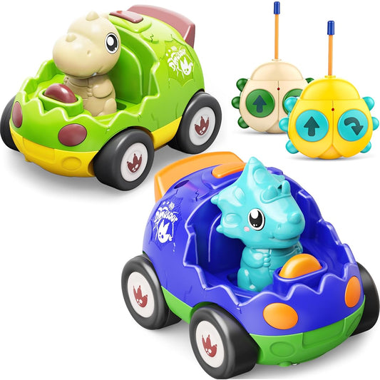 Kidz do Dinosaur Remote Control Car 2 Pack for Ages 3 4 5 6 RC Car Toys with Music Lights Sound Effects Easter Christmas Birthday Gift for Boys Kids Family Fun (Green & Blue)