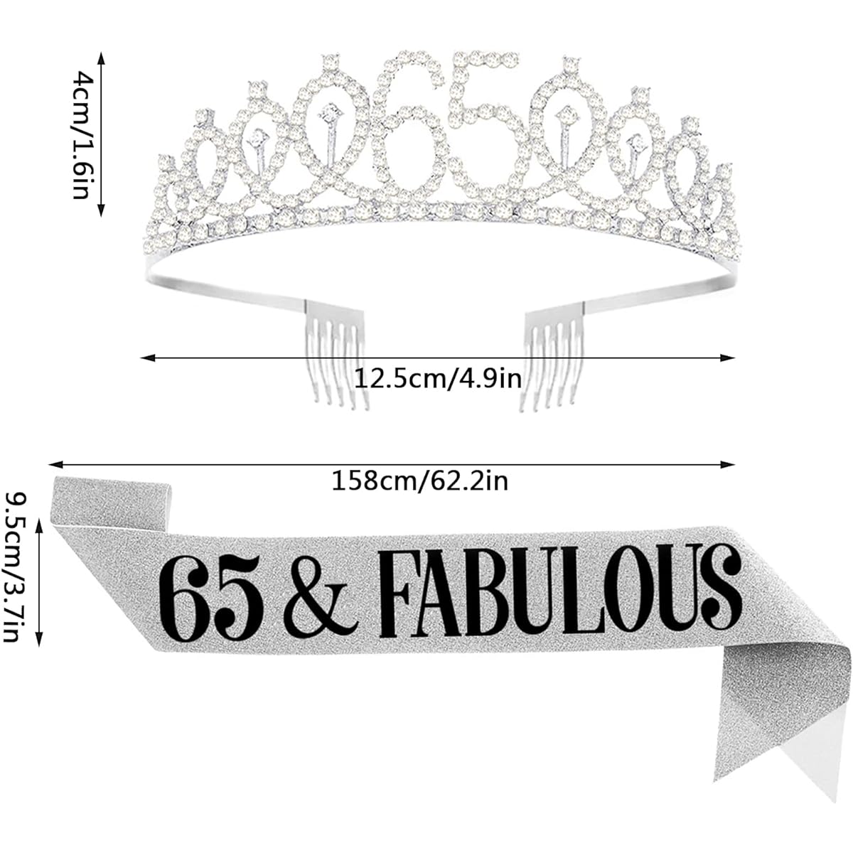 UVATAHONA 65th Birthday Sash and Tiara for Women 65 & Lovely Sash and Crown 65th Birthday Decoration Gift for Women Queen Party Favors Supplies Silver