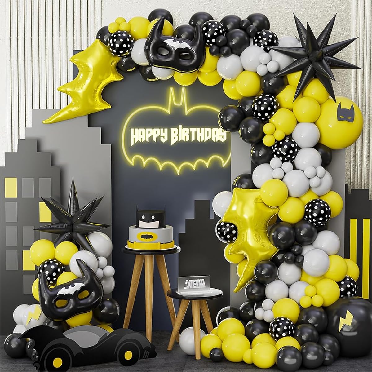 Bat Hero Birthday Party Decorations, 145pcs Yellow Black Grey Balloon Garland Arch Kit Lightning Starburst Foil Mylar Balloons for Cartoon Bat Theme Party Comic Book Video Game Decor