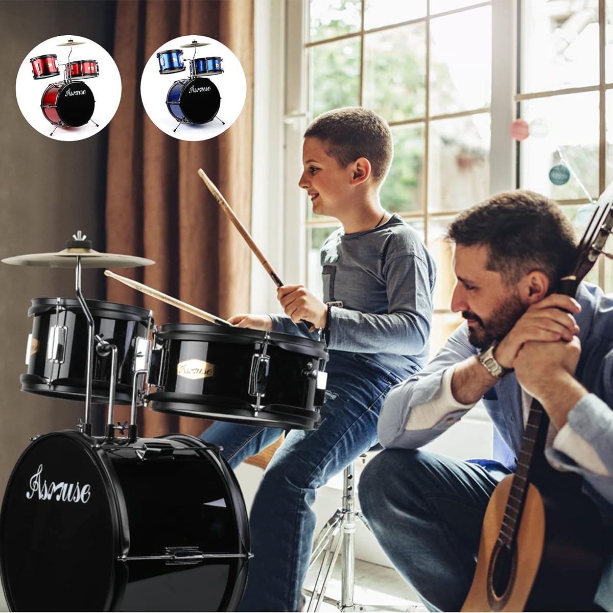 Asmuse Kids Drum Set 3 Piece Drum Set Bass/Tum Snare/Cymbal Perfect Gift for Boys/Girls (Black)