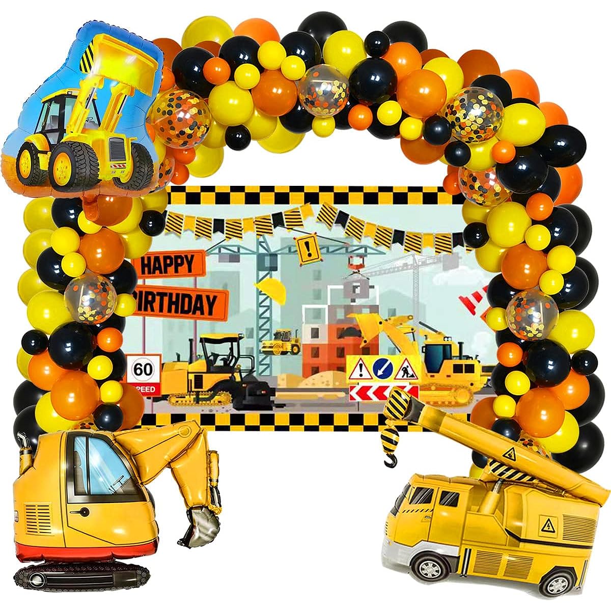 Construction Birthday Party Supplies Dump Truck Balloons Digger Balloons and Bulldozer Balloons Construction Backdrop, Confetti Balloons Yellow, Black, Orange Balloons for Kids Birthday Party