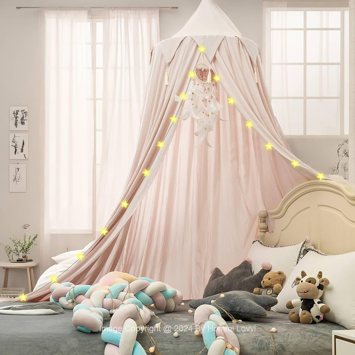 Hommi Lovvi Princess Bed Canopy for Kids, Tassel Girls Bed Canopy, Dreamy Decor, Toddler Crib Canopy, Extra Large Girls Boys Play Tent, Reading Nook Canopy with String Lights, Light Pink
