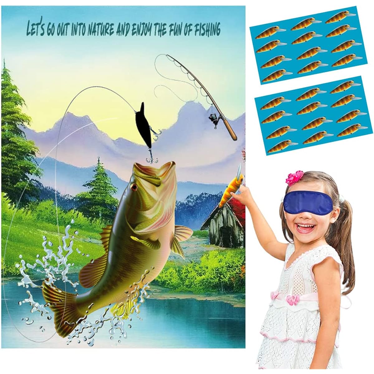 Fishing Theme Party Supplies Fishing Party Game Luya Fishing Largemouth Bass Poster with Fake Bait Fine Fishing Party Decorations Stick to Room Exterior Wall Decor
