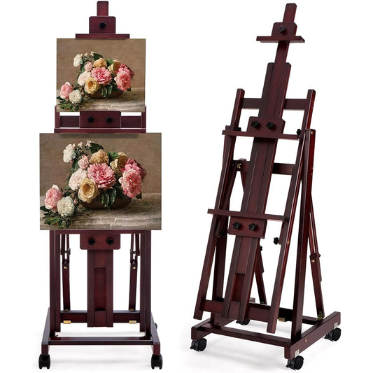 MERRIY Artist Multifunctional H-Frame Studio Easel Tilting Flat Art Easel Movable Floor Easel with 4 Casters Solid Beech Wood Artist Painting Easel Stand