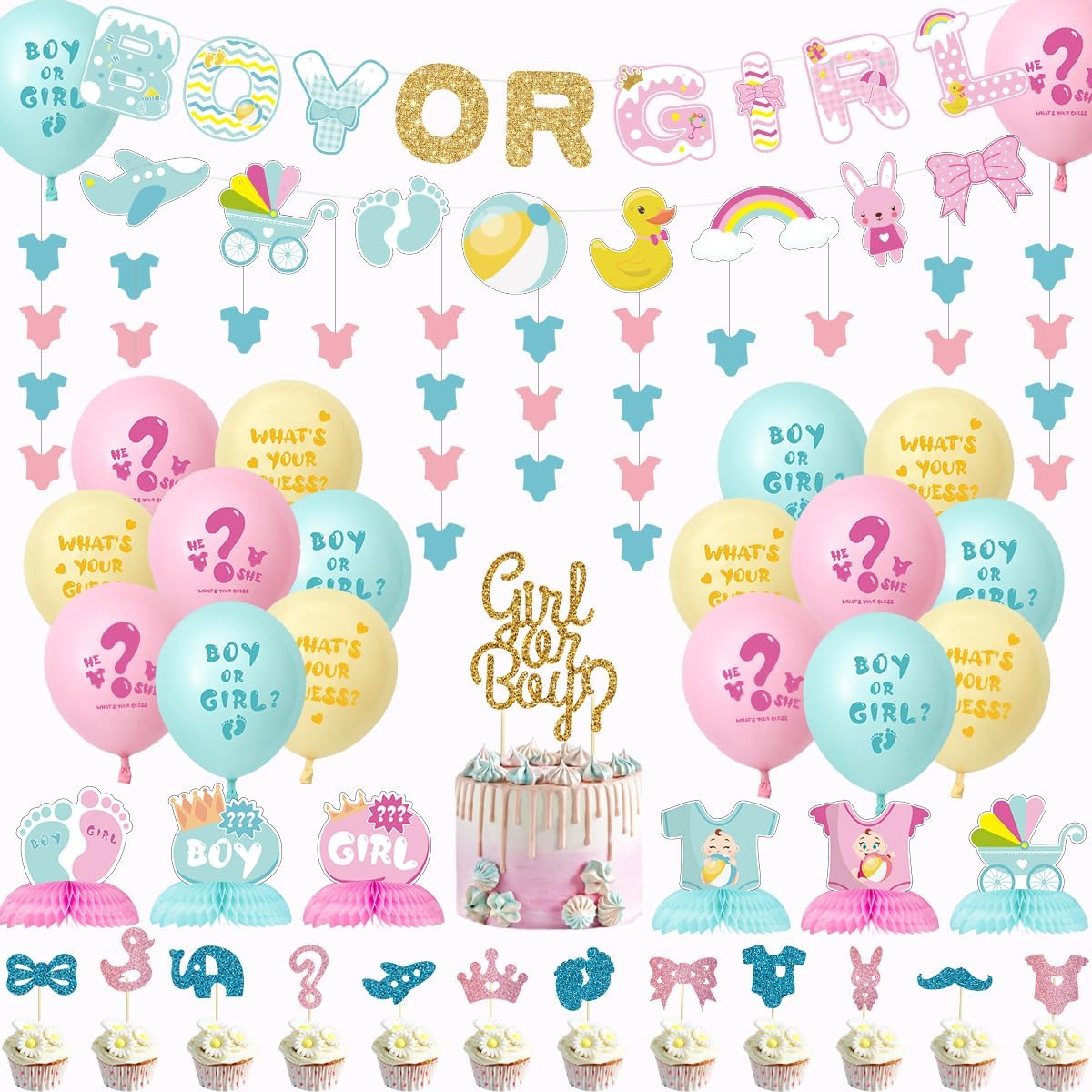Gender Reveal Party Decorations Baby Shower Honeycomb Centerpieces Kids B-Day Banner Flags Confetti Latex Balloons Cake Cupcake Toppers Photo Props Boy or Girl Party Decor Favors Supplies
