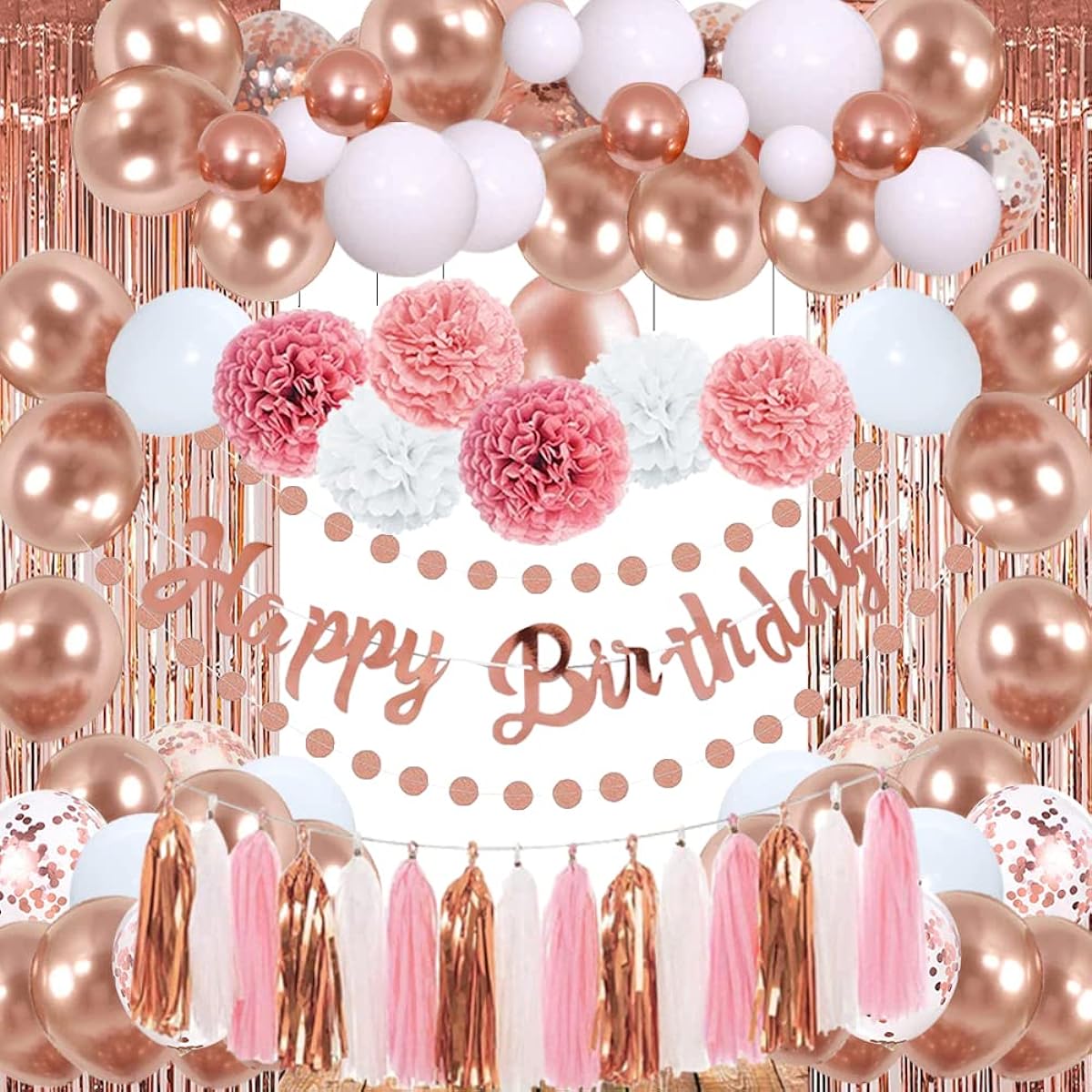 Rose Gold Pink Birthday Party Decorations Happy Birthday Banner Rose Gold Party Decorations for Women Paper Tassel Garland Circle Dot Garland for Women Girls Birthday Decorations