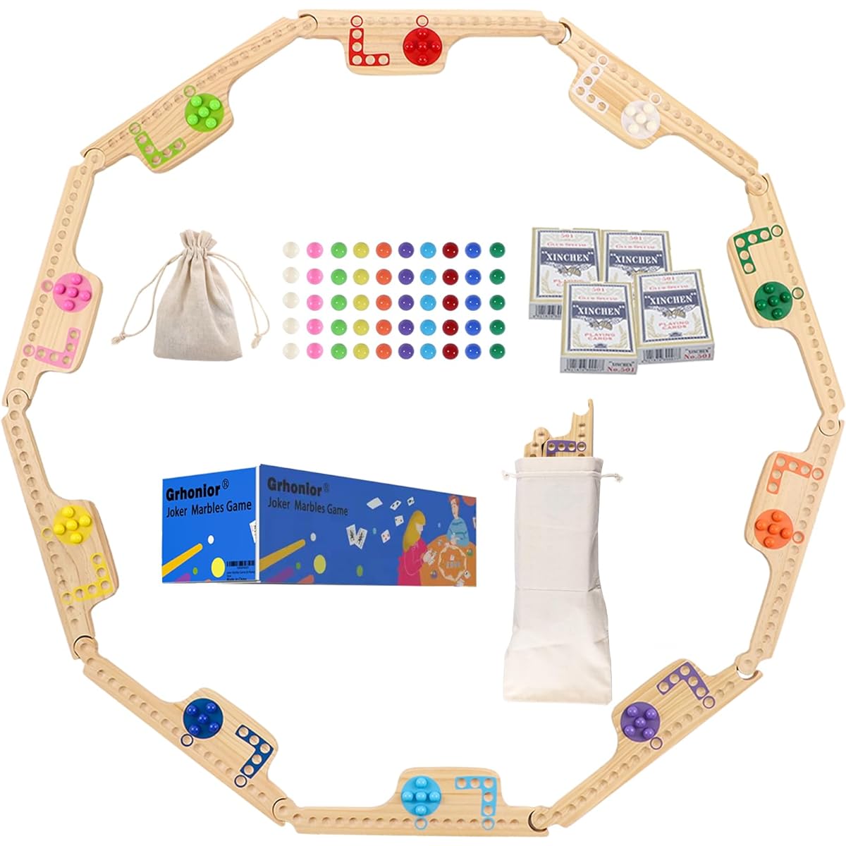 Grhonior Marbles and Jokers Board Game Pegs and Jokers Wooden Game Board Wooden Game Board for 2-10 Players 10 Game Boards 10 Colors 50 Marbles 4 Boxes Cards