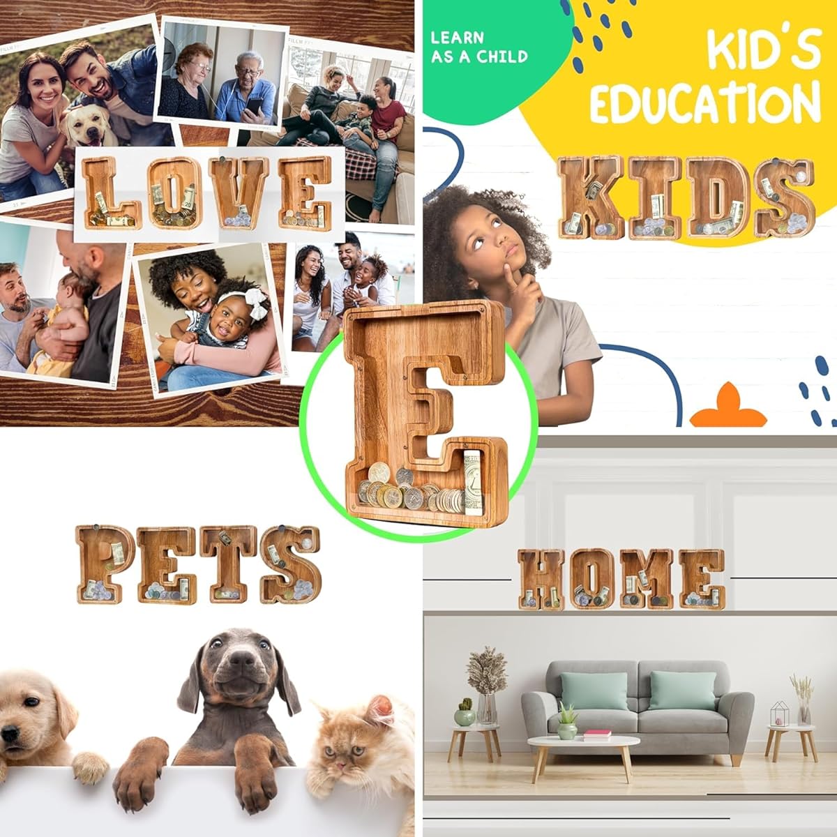 NEOSKY Wooden Letter Piggy Bank for Kids, Alphabet Coin Bank for Boys Girls Toddlers Children Money Saving Piggy Bank with Letters, Fun Gifts for Birthday, Christmas, Festival, Baby Shower - Alphabet Q
