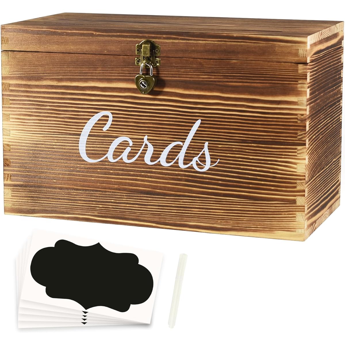 Wongblee Wooden Card Box with Lock and DIY Chalkboard Label, Rustic Gifts and Well wishes Card Holder Box for Weddings, Birthdays, Showers and More