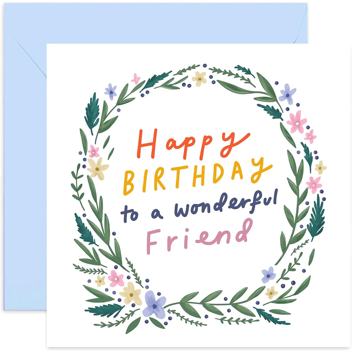 Old English Co. Floral Wreath Happy Birthday Wonderful Friend Card - Greeting Card to Make Your Birthday Wish Come True | Celebration Card for Women | Blank Inside & Envelope Included