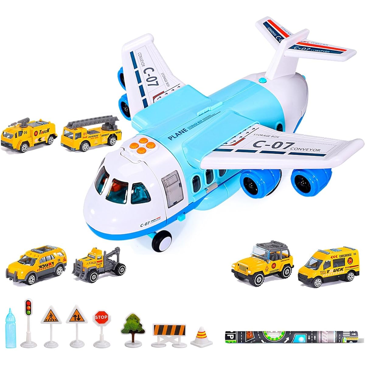 Bennol Spray Plane Toy for Boys, Large Transport Cargo Plane with 6 Construction Vehicles, 10 Road Signs, 1 Play Mat, Plane Toy with Lights and Sounds for Boys Ages 3, 4, 5, 6