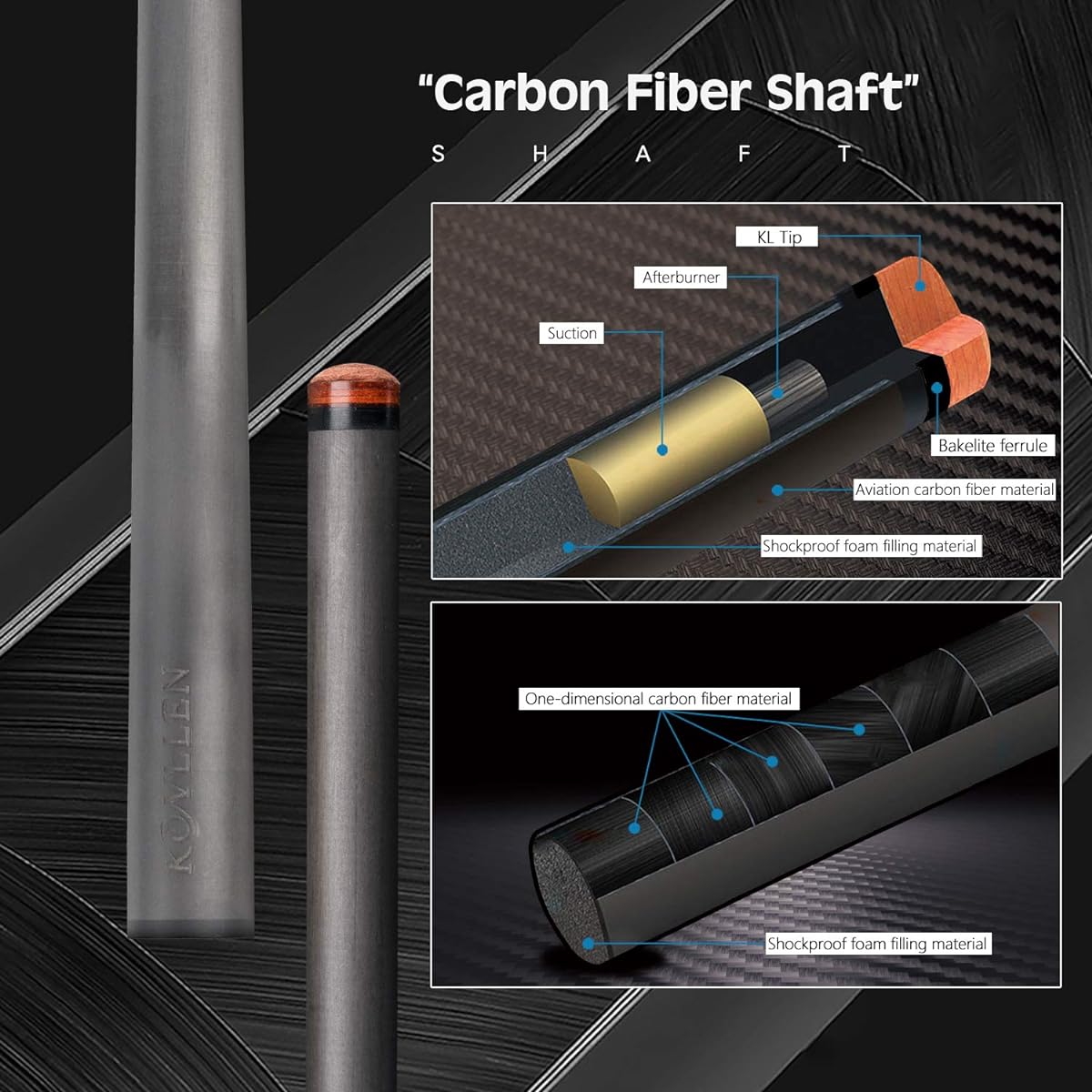 KONLLEN KL-01F Real Wood Inlay Pool Cue Stick with 2 Low Deflection Shafts (1 Carbon Fiber Shaft, 1 Carbon Tube Inside the Wooden Shaft, 4 Carbon Tubes Inside the Butt, Extension)