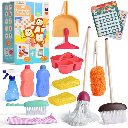 15 Piece Cleaning Set for Kids, Play Cleaning Toy Set with Broom, Mop and Brush for Toddlers, Kid Sized Pretend Play Cleaning Set, Household Goods, Learning Toys, Birthday Gift