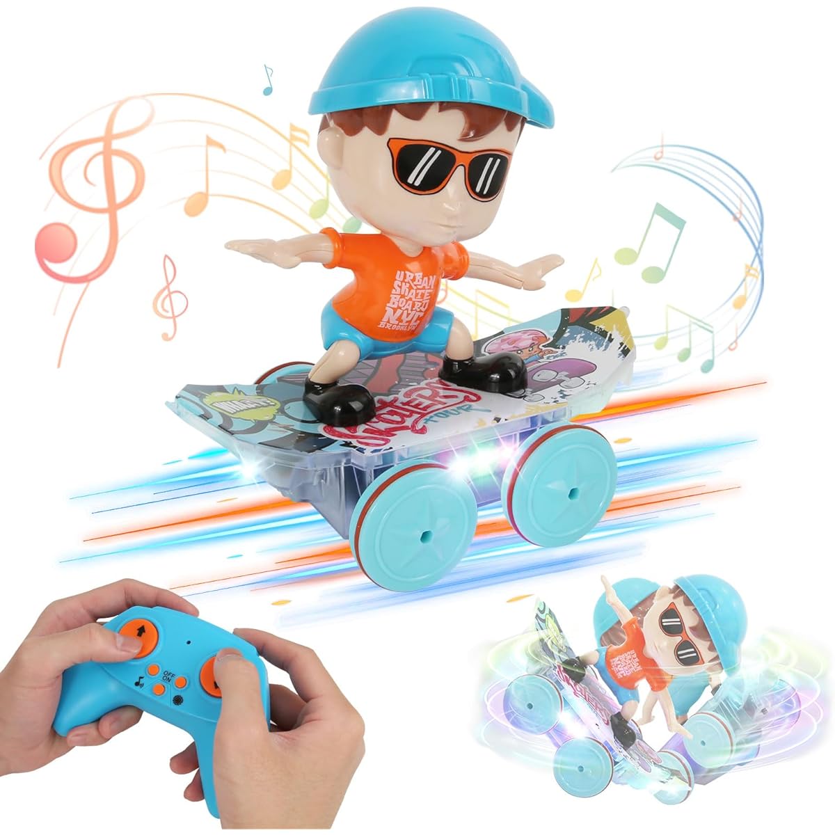 Skateboard Car Toy for Ages 3-5 2.4Ghz Remote Control Car for Kids 360° Rotating RC Stunt Car with LED Lights and Music Cool Birthday Gift Idea Easter Toy for 3 4 5 6 7 8-12 Years Old and Up Boys Girls