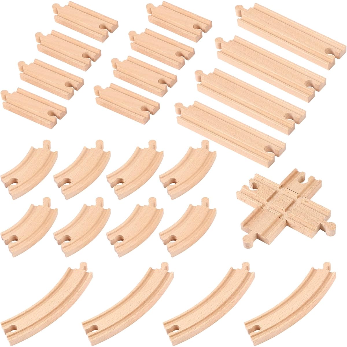 Wenqik 26 Pieces Wooden Train Track Set with Different Track Expansions Wooden Train Tracks Compatible with Most Major Railway Toy Brands