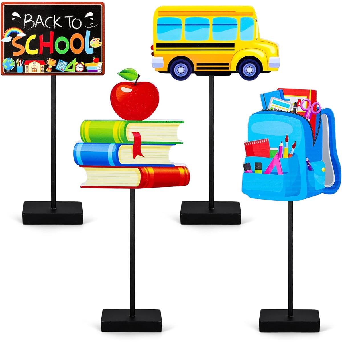 Whaline Back to School Wood Table Decor, School Bus Book Bag, Blackboard, Tall Standing Wood Table Centerpiece, First Day of School Classroom Table Decor, 4 Pieces