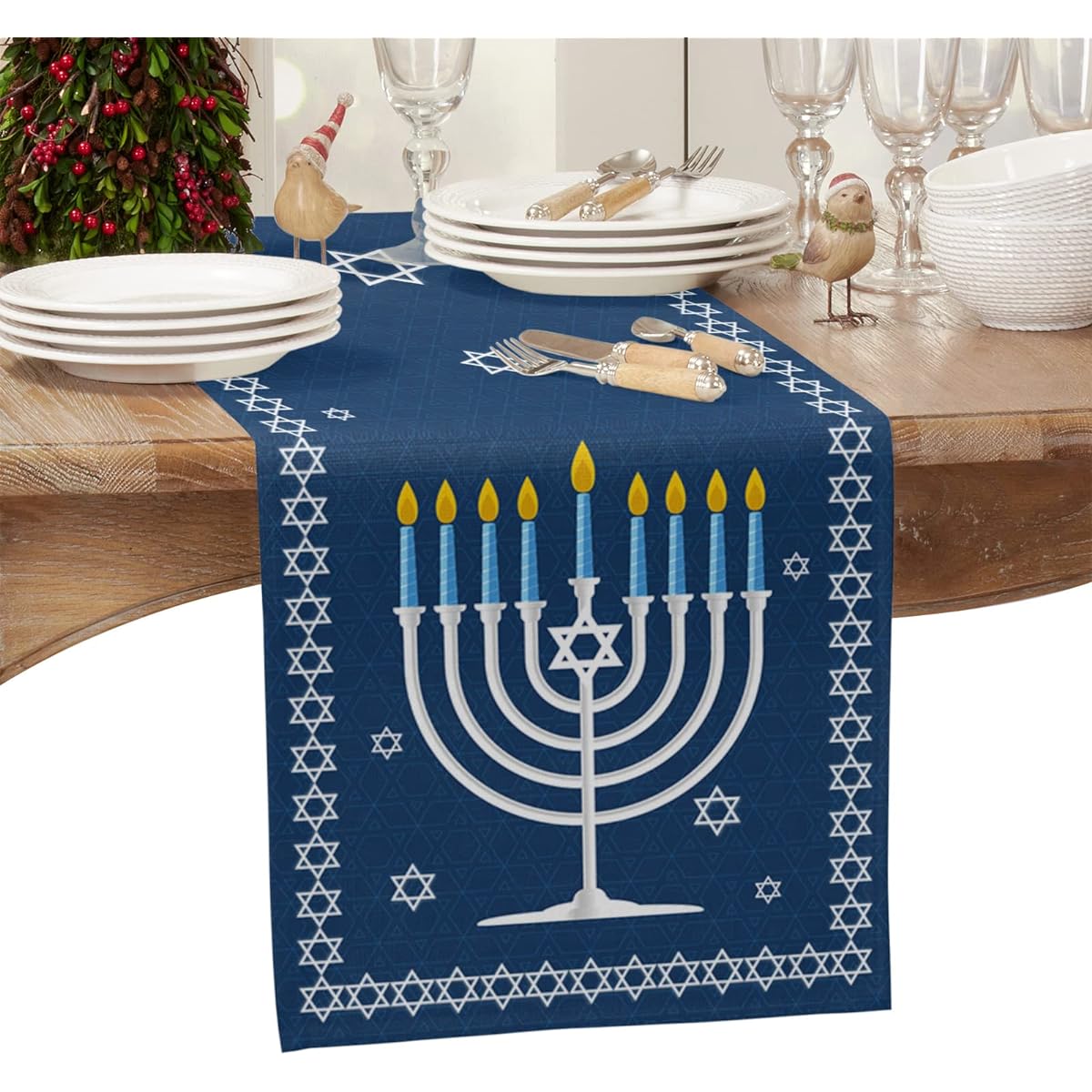 Hanukkah Table Runner Cotton and Linen Table Runner Hanukkah Menorah Star of David Table Runner Jewish Hanukkah Festival Day Decorations Home Dining Room Decor 13 x 70 Inch