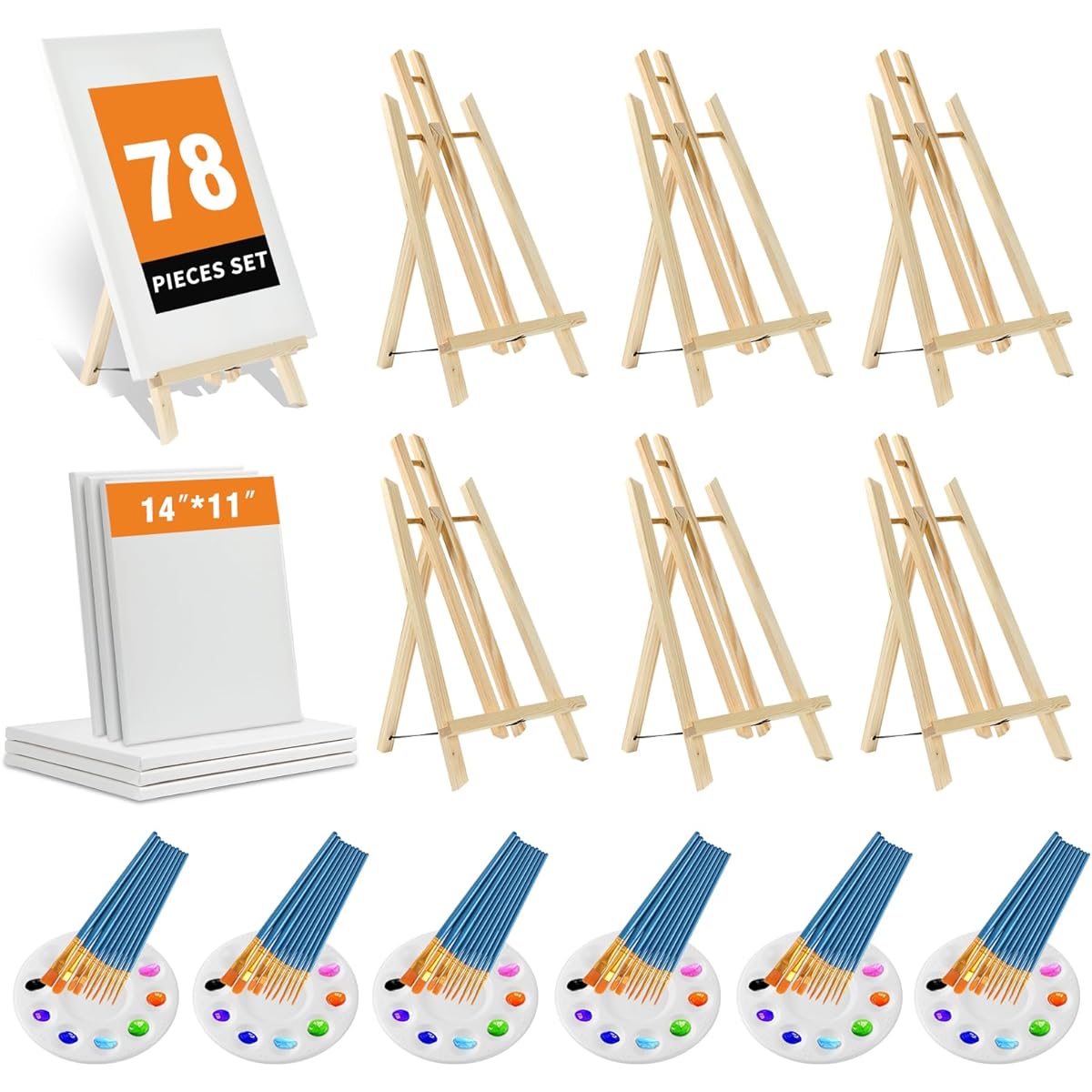 Easel with Canvas 78 Piece Painting Supplies Kit 16" Easel & 11"x14" Canvas (6 Easels + 6 Canvases + 60 Paint Brushes + 6 Palettes) Paint & Sip Kit Paint Party