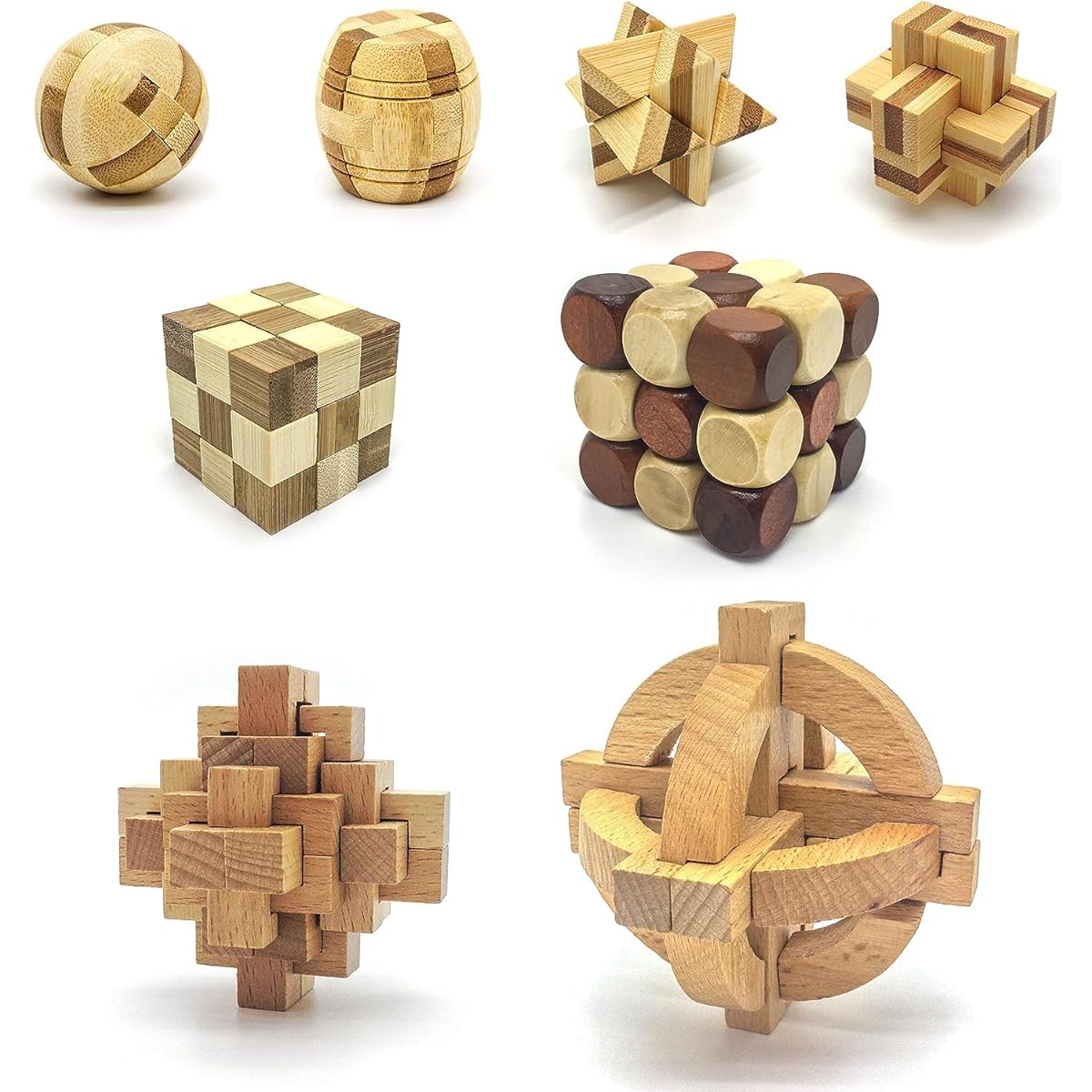 PicassoTiles 8 Styles Interlocking Sensory Toys Wooden Crowbar Cube Balls and Barrels Logic Skill Genius Puzzle Brain Teaser Game & Intelligent 3D Building Educational Toy Set for Kids & Adults PTP08