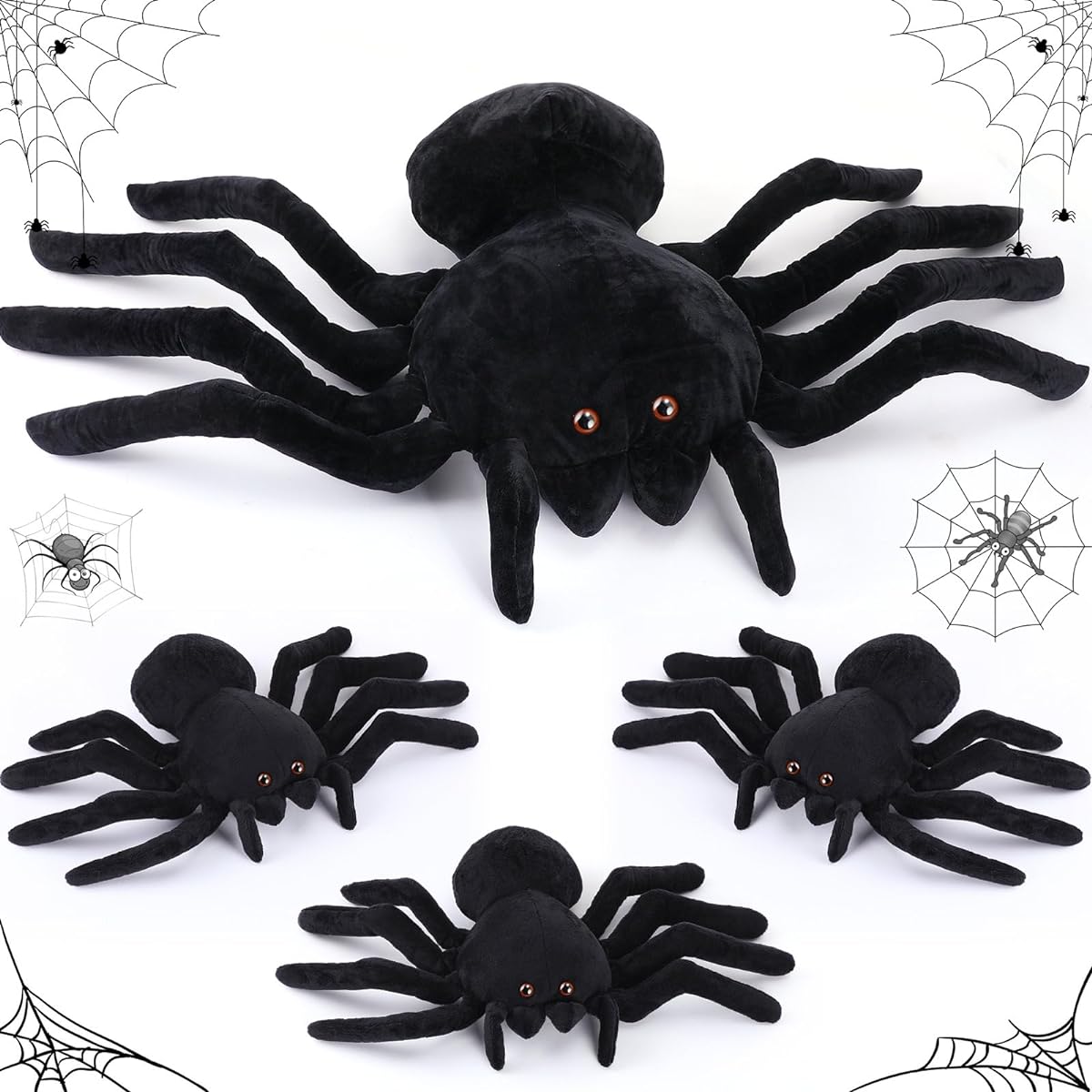 Libima 4 Pieces Spider Plush Toy, 2 Sizes, Giant Realistic Stuffed Spider Pillow, Soft Black Spider Doll, Halloween, Birthday, Christmas, Funny Prank Toy