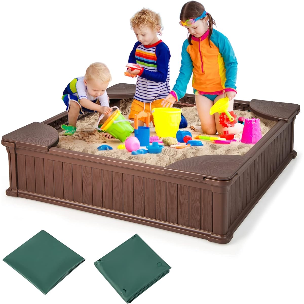 HONEY JOY Kids Sandbox with Cover, 48x48 Inch Large HDPE Sand Pit for Backyard, 4 Corner Sheets & Bottom Liner, Sand Protection, All Weather Sandbox for Kids, Outdoor (Coffee)