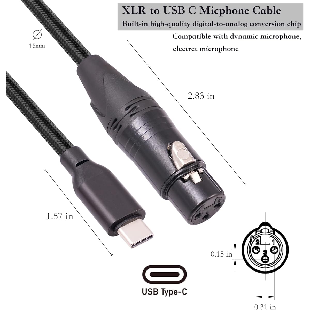 HUALEU 12ft XLR to USB C to XLR Female Microphone Cable