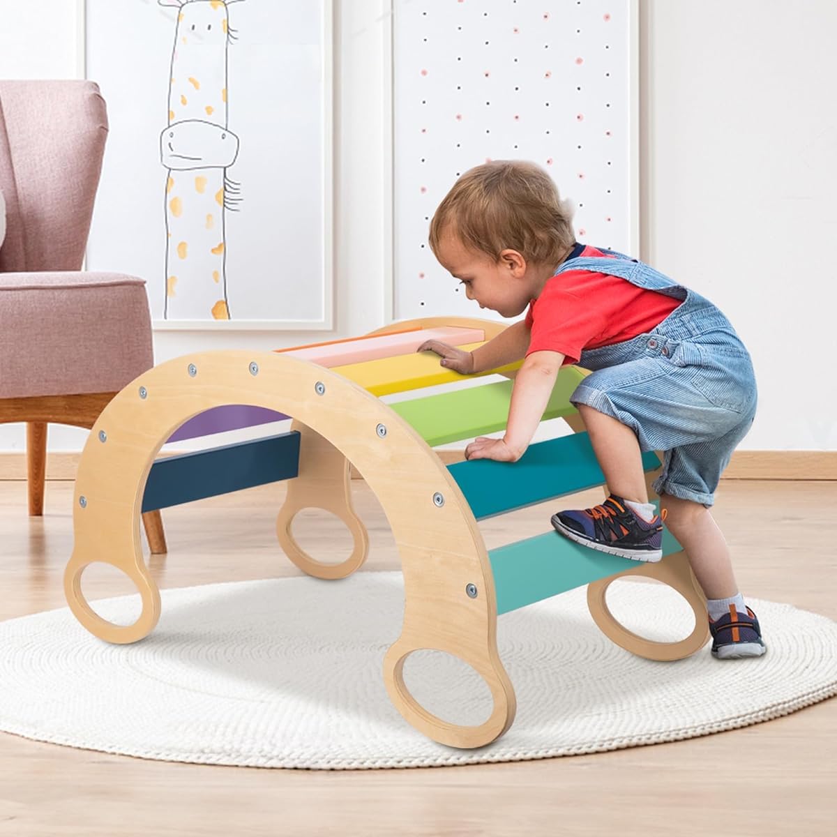 TOOKYLAND Rainbow Climbing Toys for Toddlers 1-3 Indoor Wooden Montessori Climbing Set Rocking Toy Wooden Arch Climber Play Gym for Toddlers