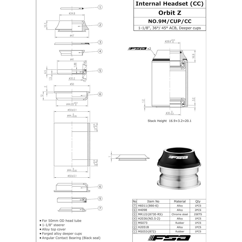 FSA Orbit Z 1-1/8" 44mm Threadless 1-1/8" Headset W/Top Cap, NO.9M/CUP/CC, XTE1529