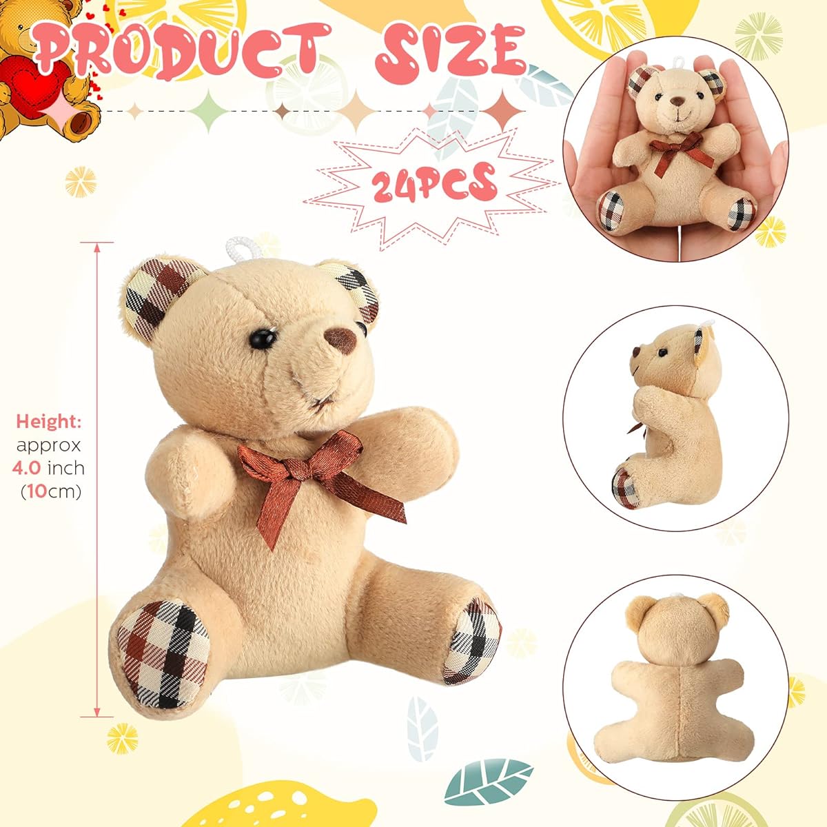 HyDren 24pcs Small Bear Stuffed Animals 4" Bear Keychains Miniature Bear Favors Mini Jointed Bear Soft Small Bear Dolls for Baby Shower Birthday Party Wedding Decorations (Light Brown, Dark Brown)