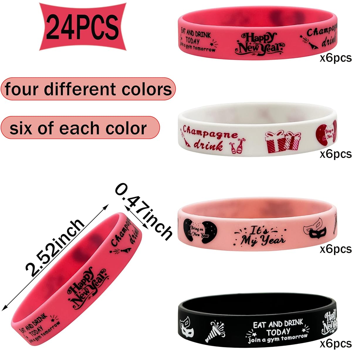 New Year Party Supplies Rubber Bracelet Happy New Year Silicone Wristband Party Favors New Year's Eve Gift New Year Party Goodie Bag Trinket Bag for NYE Party 24pcs, one size, rubber silicone, no jewelry.