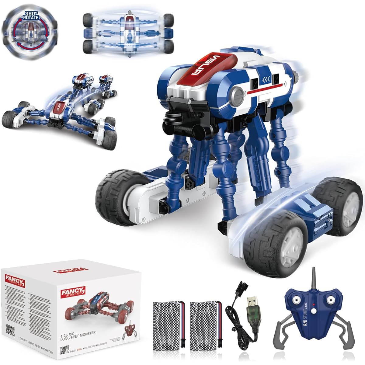 Desdoni Remote Control Car Monster Truck Vehicle 2.4Ghz 4WD Off-Road RC Stunt Car High Speed Car Toy Double Sided 360 Flip Rotating Car LED Gift for Kids Girls Boys Adults
