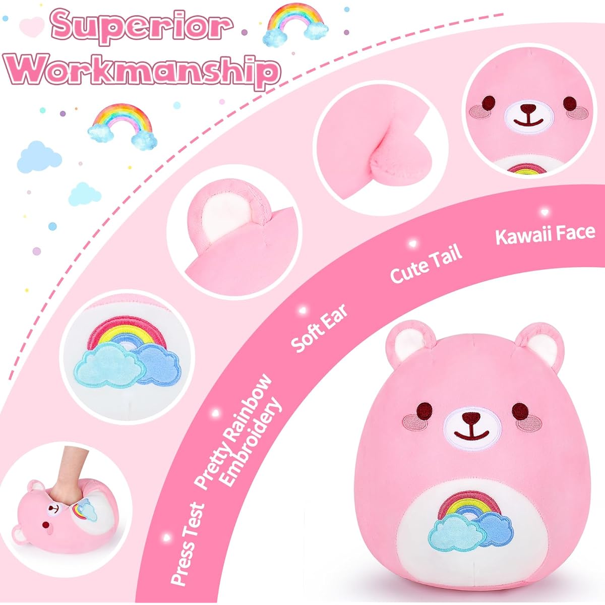 Auspicious Beginning Pink Rainbow Bear Plush Toy 10 Inch Stuffed Bear Pink Heart Bear Stuffed Cute Bear Anime Stuffed Animal Panda Stuffed Animal Valentine's Day Gift Birthday Gift for Kids