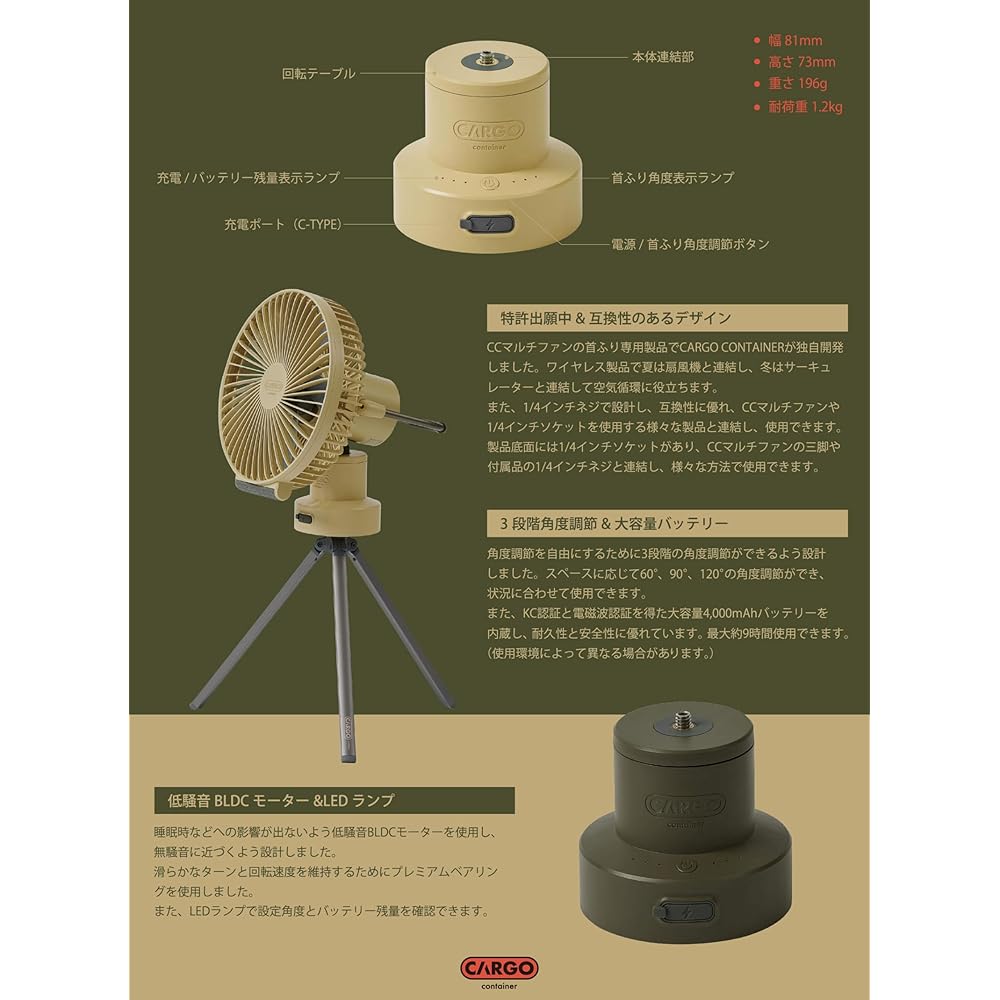 Cargo Container Multi-Spin CARGO CONTAINER Fan Wireless Swing Machine Circulator Outdoor Multi-Fan Camping USB Charging 1/4 Screw Compatible Comes with Exclusive Case