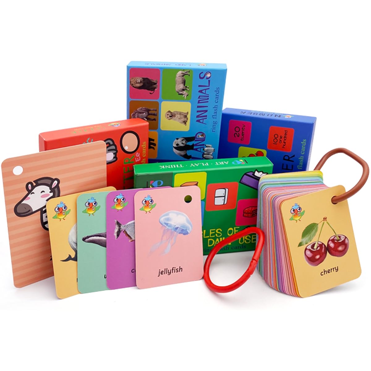Picture Flash Cards for Kids, Toddler Sight Words Alphabet, Numbers, Animals, Fruits, ABC Letters, Daily Use Kids Flash Cards for Kindergarten, 6 Sheets with Blind Ring