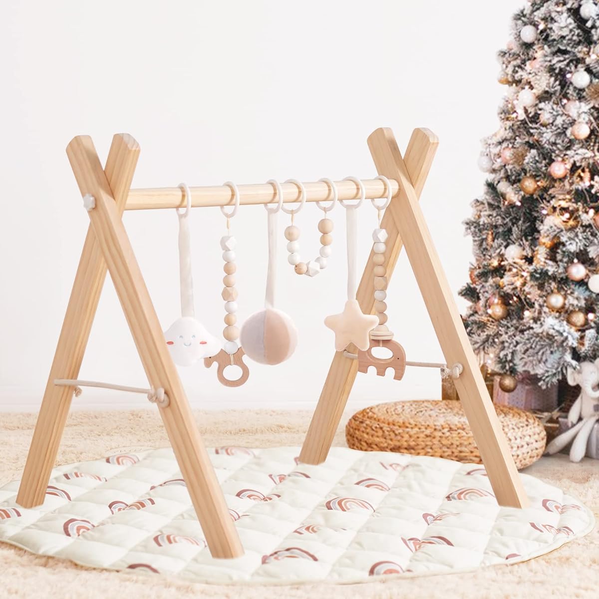 Wooden Baby Gym with 6 Baby Toys Foldable Baby Play Gym with Rainbow Round Mat Play Gym Frame Activity Gym Hanging Bar Baby Gym Activity Center Newborn Gift Baby Girl Boy Gym