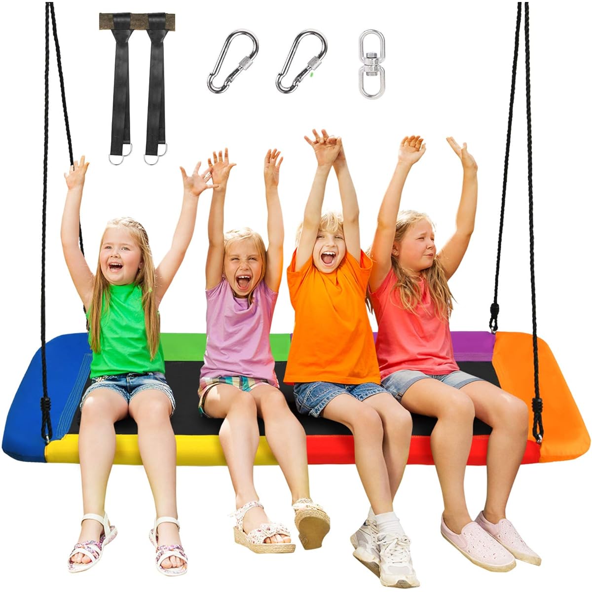 Costzon 700 lbs Giant 60" Platform Saucer Tree Swing Set for Kids and Adults, Hard Wearing Indoor/Outdoor Rectangular Swing with Durable Steel Frame and 2 Hanging Straps for Porch Backyard (Rainbow)
