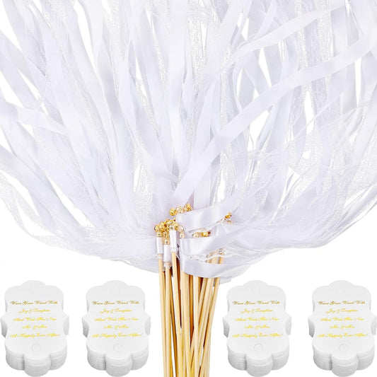 100pcs Ribbon Stick Wands with Lace Bells 100pcs Wedding Sending Tags, Wedding Gold Fairy Wand Streamers Party Streamers for Wedding Baby Shower Party Holiday Celebration (White)