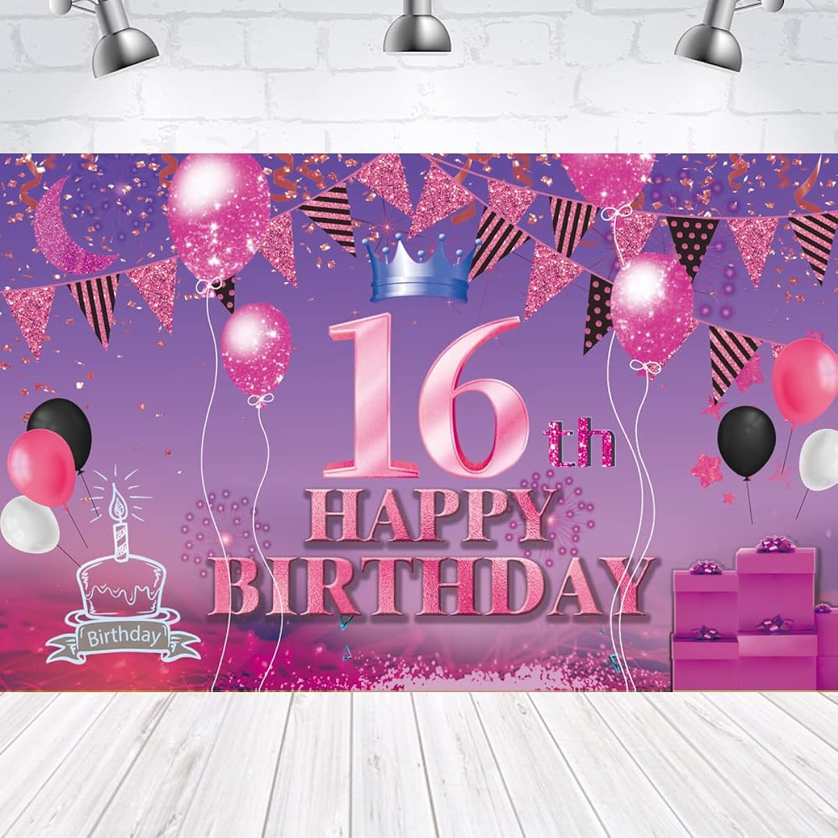 Happy 16th Birthday Backdrop Banner Pink Purple 16 Years Old Sign Poster 16th Birthday Party Supplies Anniversary Photo Booth Photography Background Birthday Party Decorations 72.8 x 43.3 Inch