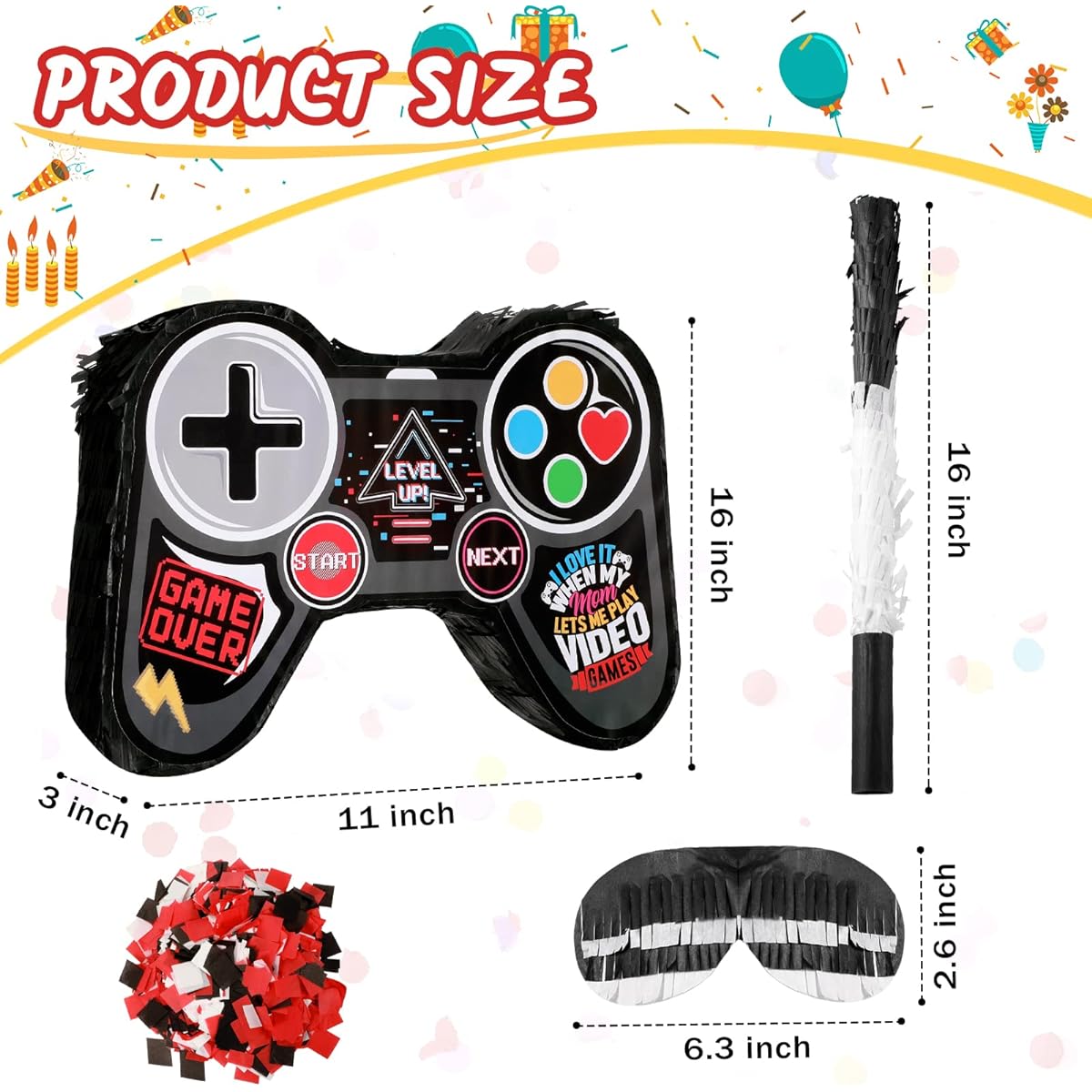 Small Video Game Controller Pinata for Kids Birthday Party Supplies with Sticks, Blinding Confetti, Gamer Party Supplies, Cinco de Mayo Decorations, Fiesta Party Decorations, 16 x 11 x 3 Inches