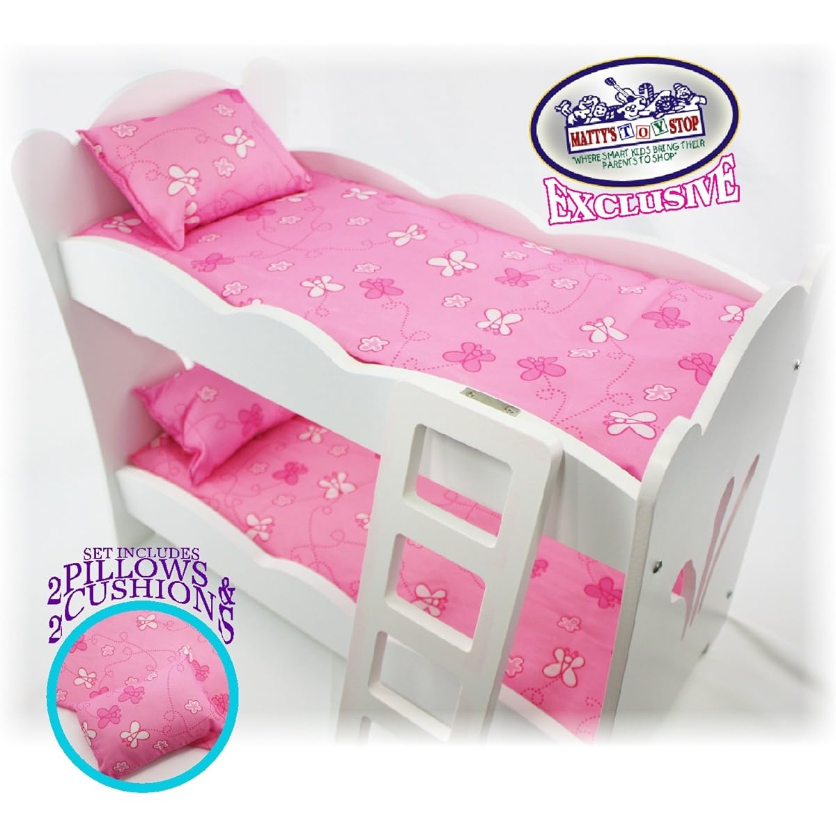 Matty's Toy Halt 18 Inch Doll Furniture White Wooden Bunk Bed with 2 Pink Pillows, 2 Pink Cushions & Ladder - Fits American Girl Dolls
