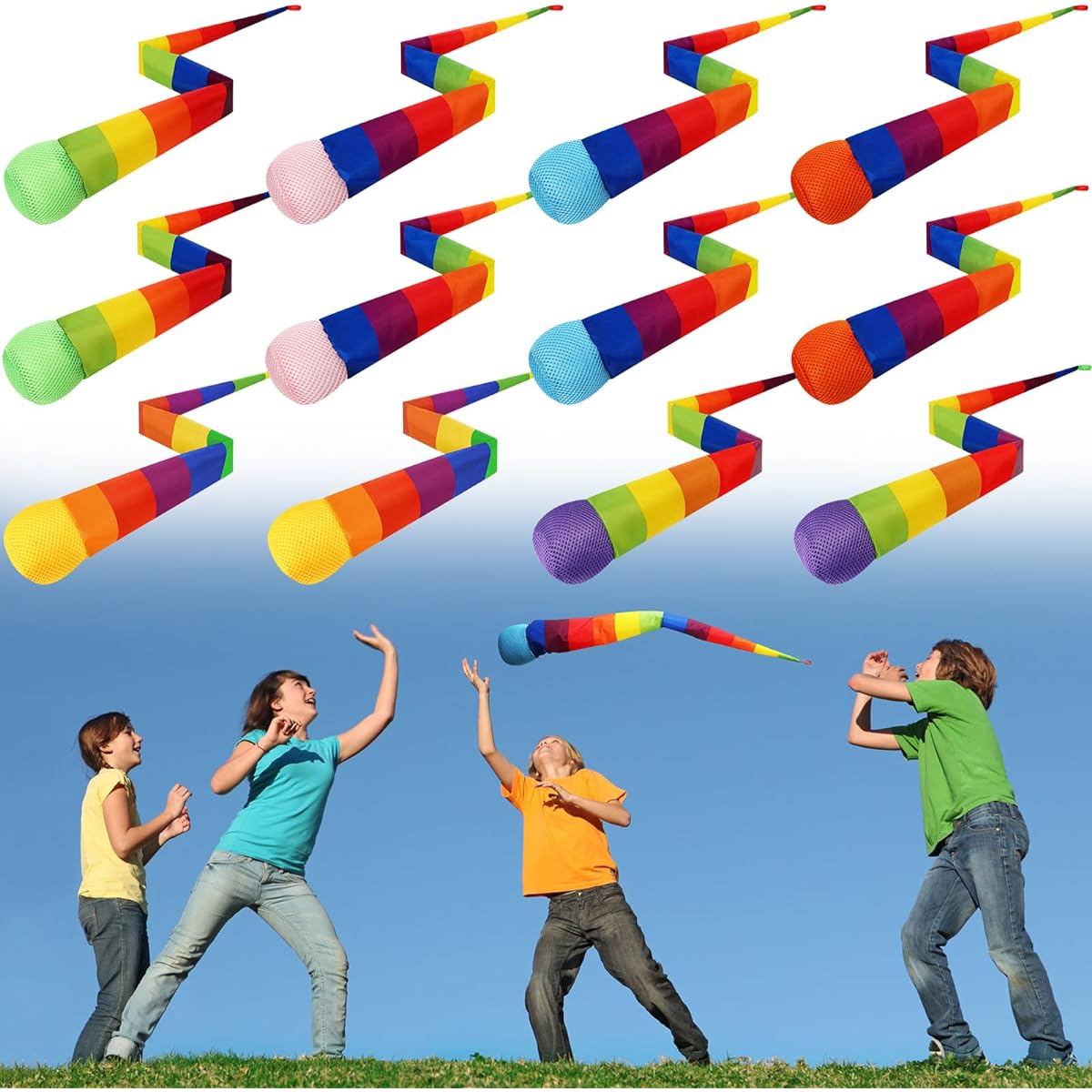 Leyndo 12 Pcs Throw and Catch Ball with Rainbow Tail Soft Rainbow Play Ball Sports Comet Ball Playground Toy Bulk Indoor Outdoor Game Activity Fun Throwing School 25.59" Length