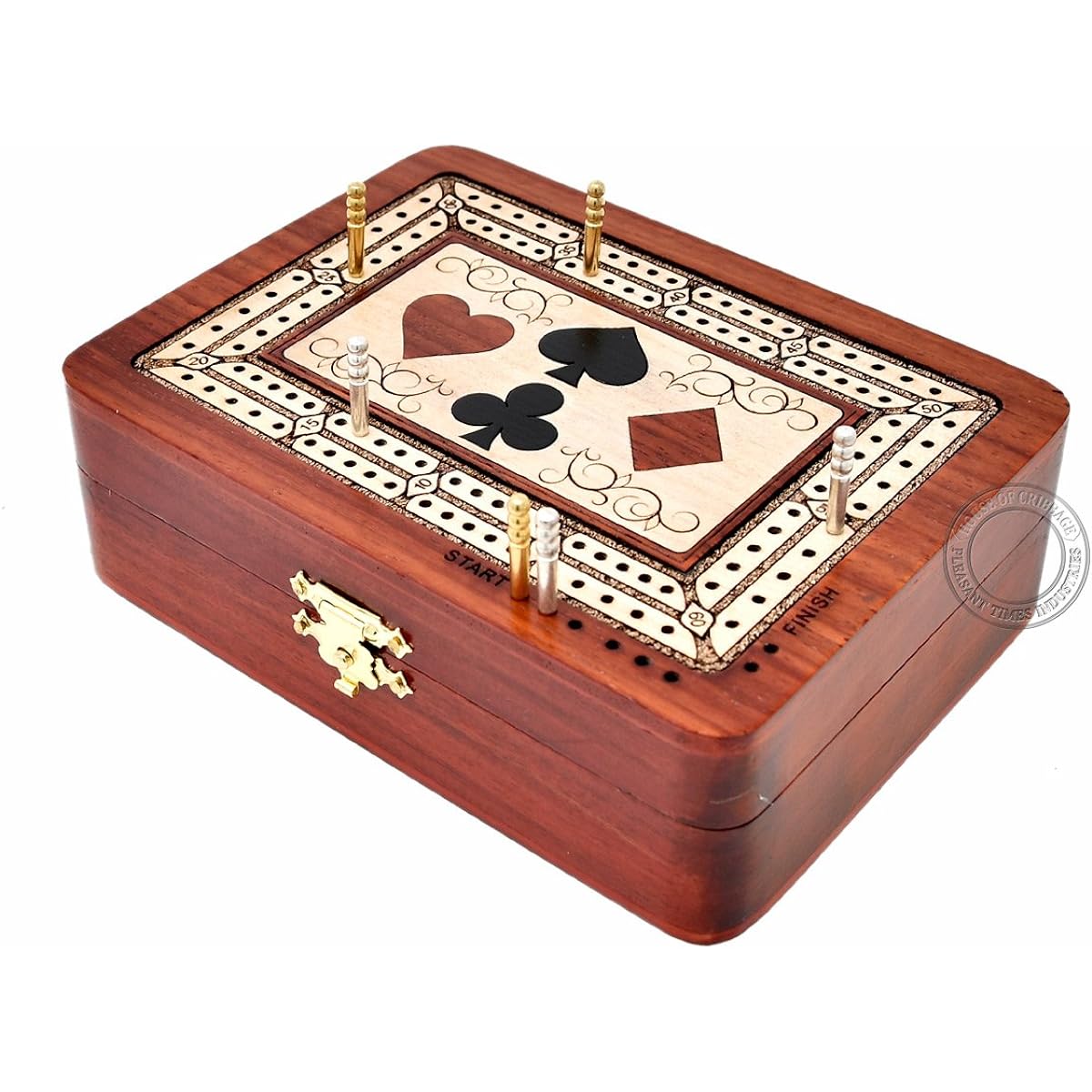 (Bloodwood - Maple Wood) - House of Cribbage - 2 Track - Wooden Cribbage Board/Box - Inlaid in Bloodwood/Maple Wood - Storage for Pegs & One Deck of Cards - 60 Points - Non Continuous