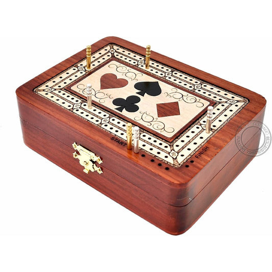 (Bloodwood - Maple Wood) - House of Cribbage - 2 Track - Wooden Cribbage Board/Box - Inlaid in Bloodwood/Maple Wood - Storage for Pegs & One Deck of Cards - 60 Points - Non Continuous