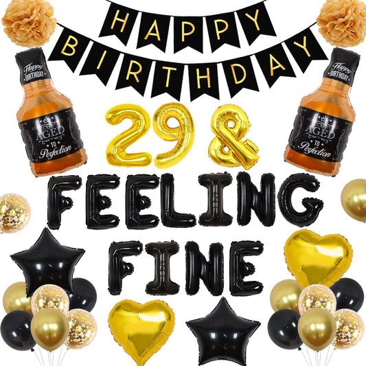 29 Birthday Decorations for Men and Women Black Gold 29 & Feeling Fine Birthday Decorations Star Heart Foil Balloons Happy Birthday Banner Whiskey Foil Balloons for 29th Birthday Decorations