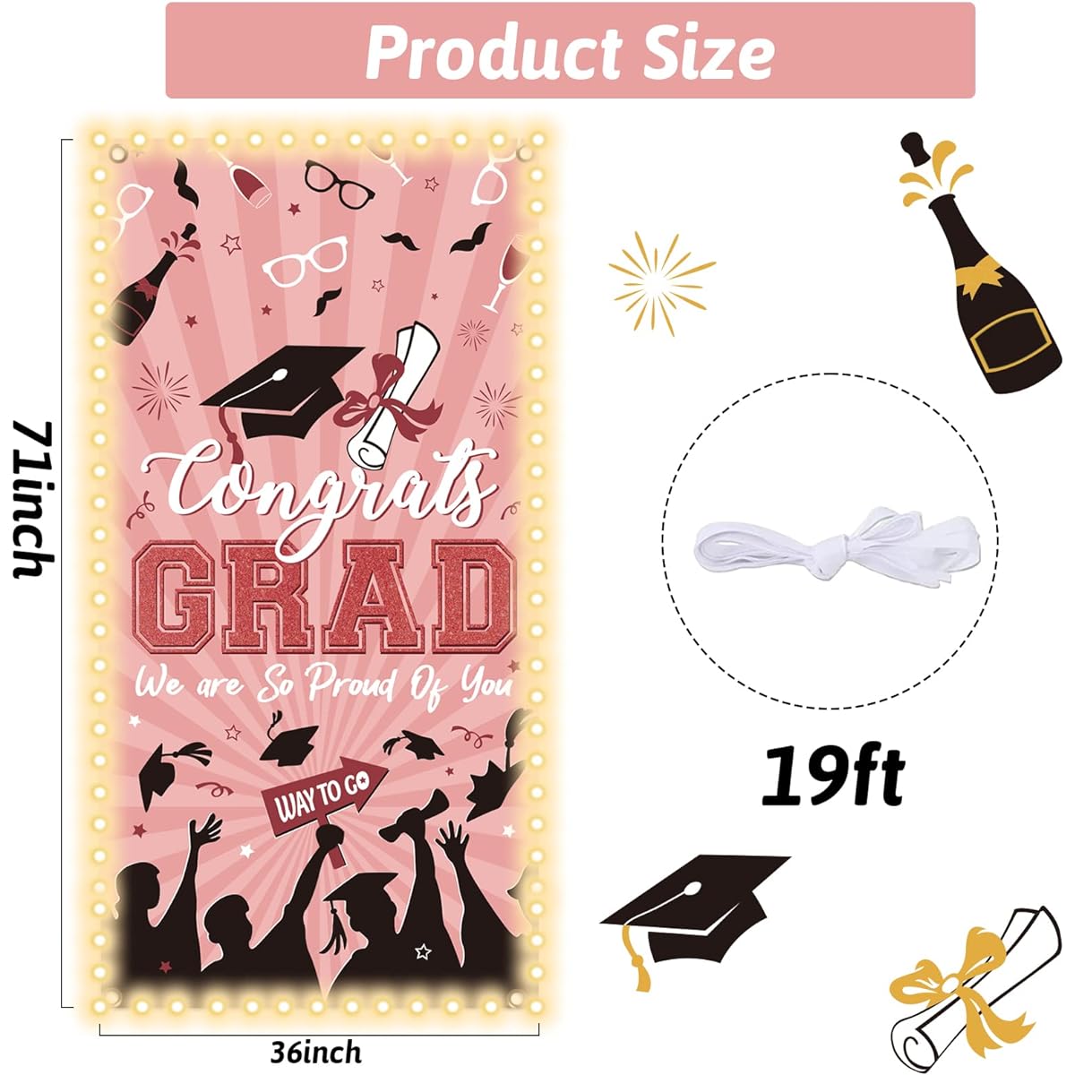 2024 Graduation Banner with LED Light Strip Decoration Congratulations Graduation Graduation Party Door Sign Banner for Indoor Outdoor Photo Backdrop Decor 71 x 36 Inch (Pink)